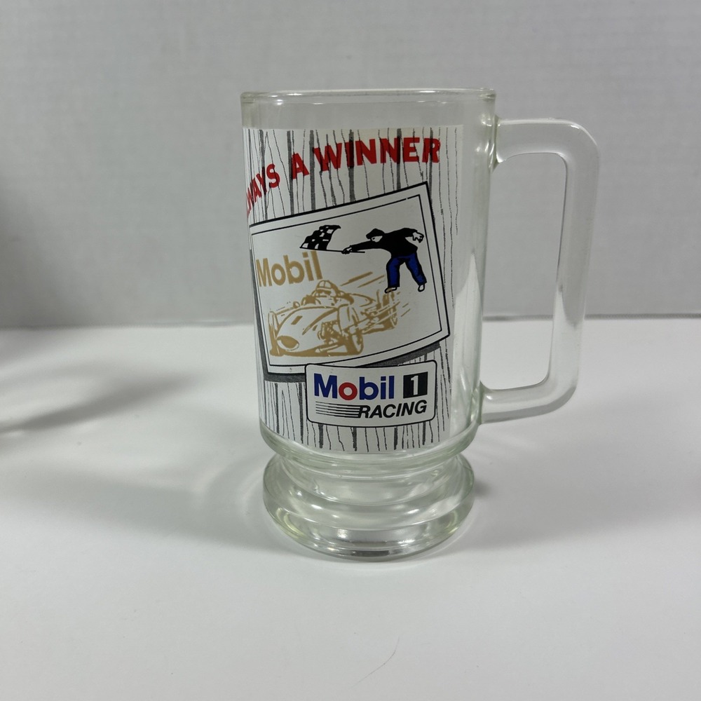 Mobil 1 Racing Always A Winner Advertising Beer Mug Glass Red White Blue Glass